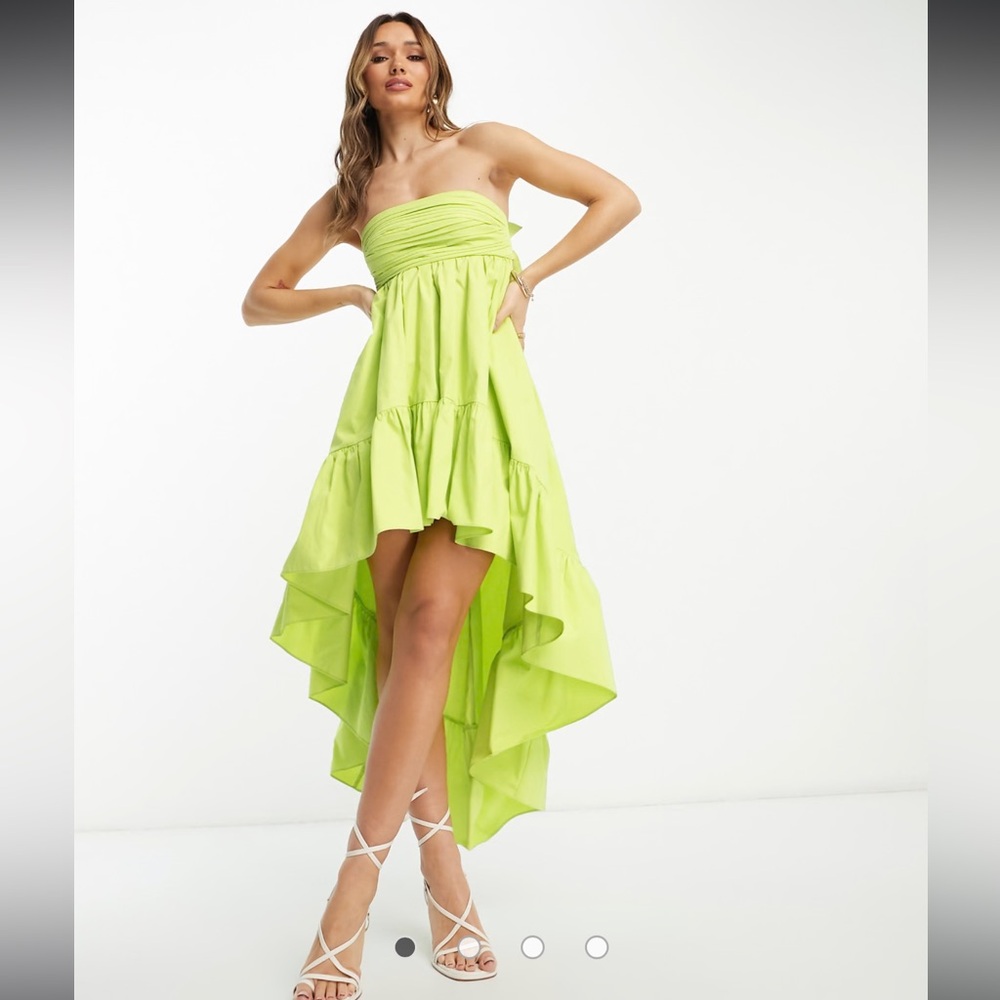 ASOS DESIGN Cotton ruched bandeau midi dress with high low hem in lime green 8